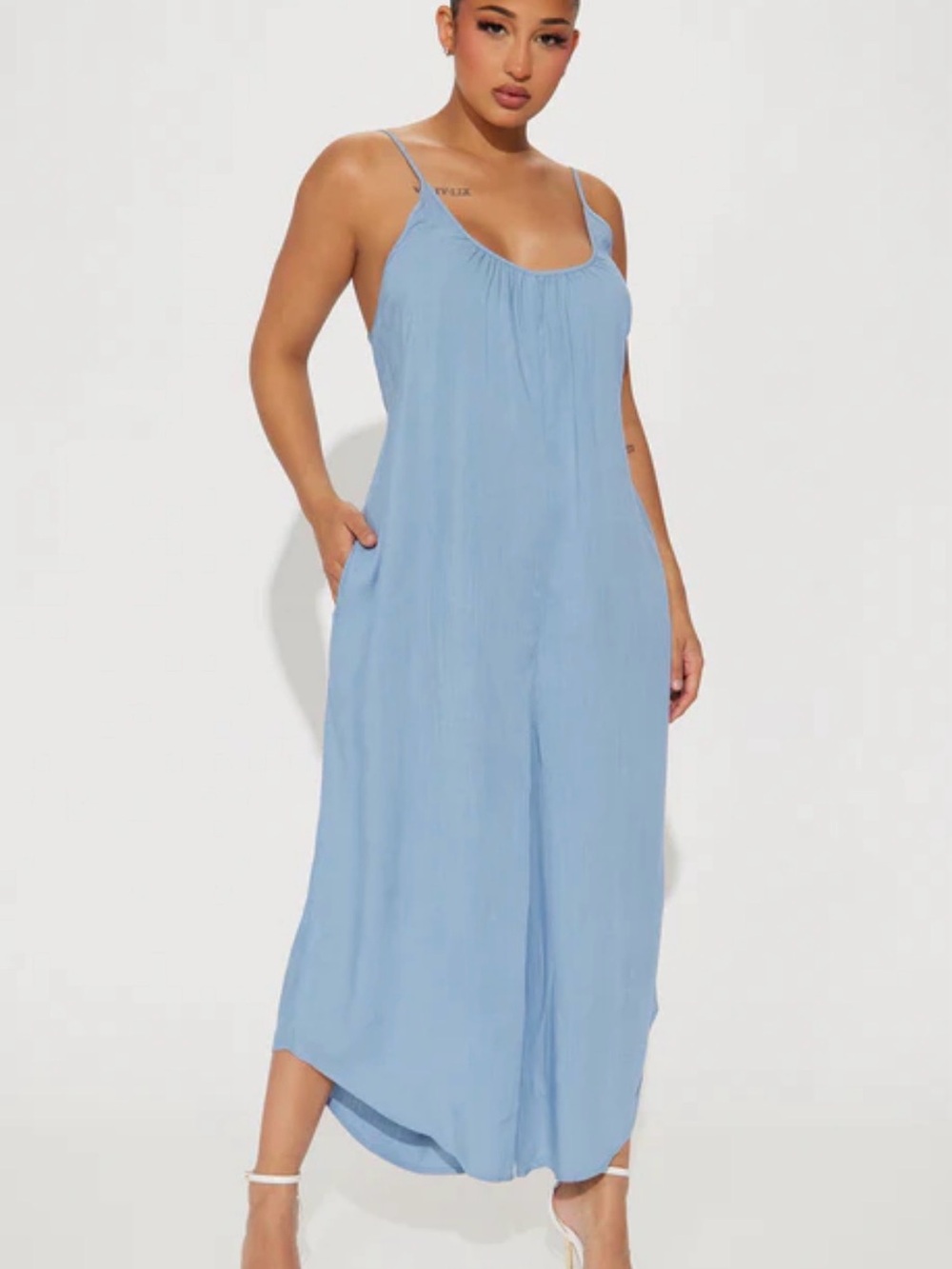 Light Blue Spaghetti Strap Wide-Leg Jumpsuit